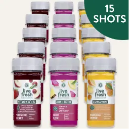 Fünfzehn LiveFresh Shots in drei Sorten als Produktübersicht. Hinweis im Bild: „15 SHOTS“.