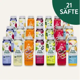 Einundzwanzig LiveFresh Säfte in verschiedenen Farben und Geschmacksrichtungen als Produktübersicht. Hinweis im Bild: „21 SÄFTE“.