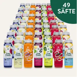 Neunundvierzig LiveFresh Säfte als umfangreiches Sortiment in mehreren Geschmacksrichtungen. Hinweis im Bild: „49 SÄFTE“.