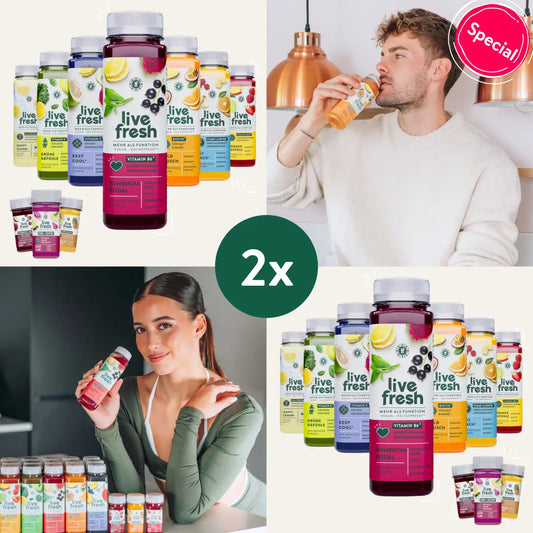LiveFresh Saftkur Couple & Friends Bundle mit Säften, Shots und Lifestyle-Fotos von einem jungen Mann und einer jungen Frau, die die Säfte präsentieren.