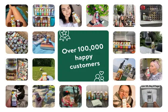 Collage of customer-submitted photos showcasing LiveFresh juice bottles in various settings, with a central green banner reading "Over 100.000 happy customers".