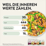 Nahaufnahme einer bunten Gemüse-Bowl, daneben die Nährwerte: 30g Protein, 444 kcal, 40g Kohlenhydrate, 16g Fett. Überschrift: „Weil die inneren Werte zählen“, Hinweis auf andere Bowl-Sorten unten.