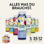Verschiedene LiveFresh-Säfte und Shots vor beigem Hintergrund, zentral eine große Flasche „Keep Cool“. Unten rechts: „5 Tage, 35 Säfte, 12 Shots“ – dazu der Text: „Alles was du brauchst.“