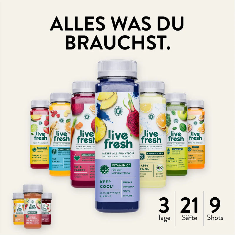Identische Anordnung wie im vorherigen Bild, aber mit dem Text „3 Tage, 21 Säfte, 9 Shots“. Fokus auf Saftkur-Varianten von LiveFresh für drei Tage.