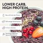 Bild eines dunklen Porridges mit Beeren und Hanfsamen, daneben vier Vorteile: mehr Protein, weniger Kohlenhydrate, schnelle Zubereitung und nachhaltige Zutaten. Überschrift: „Lower Carb. High Protein.“
