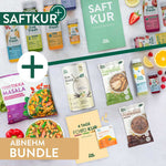 LiveFresh Abnehm-Bundle mit der Kombination aus Saftkur, Slim Shake, veganem Tikka Masala, Porridge, Nahrungsergänzung und einem 4-Tage-Food-Kur-Guide. Die Produkte sind auf gesunde Gewichtsreduktion, Nährstoffversorgung und einfache Umsetzung im Alltag ausgerichtet.