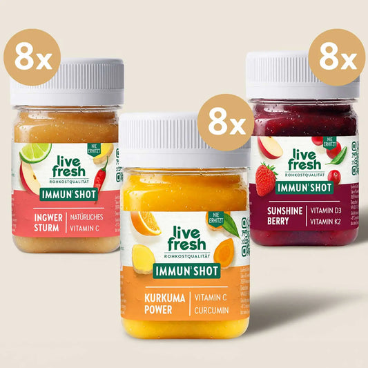 Immun-bundel van Live Fresh met telkens 8 flesjes van de smaken Gemberstorm met vitamine C, Kurkuma Power met vitamine C en curcumine, en Sunshine Berry met vitamine D3 en vitamine K2.