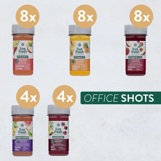 Produktübersicht des Office Shots Pakets mit Shots: 8x Ingwer Sturm, 8x Kurkuma Power, 8x Sunshine Berry, 4x Ingwer Prise und 4x Rote Kraft. Überschrift „OFFICE SHOTS“.