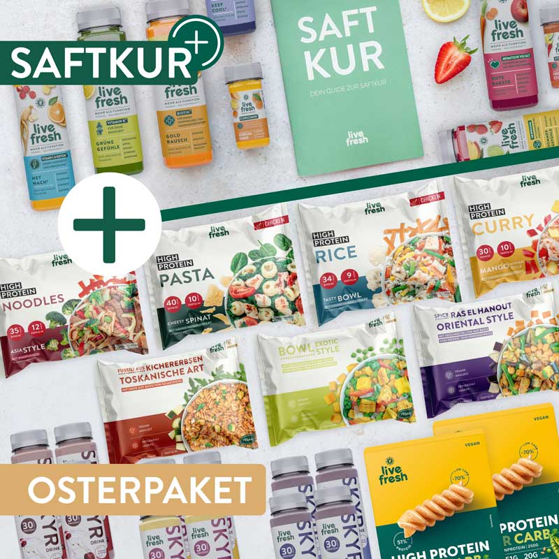 Das LiveFresh Osterpaket zeigt eine Auswahl kaltgepresster Säfte, eiweißreicher Fertiggerichte wie High-Protein-Pasta, Reis, Curry und Bowls, ergänzt durch SKYR Protein-Drinks und vegane Proteinsnacks – präsentiert aus der Vogelperspektive als Teil der Saftkur.