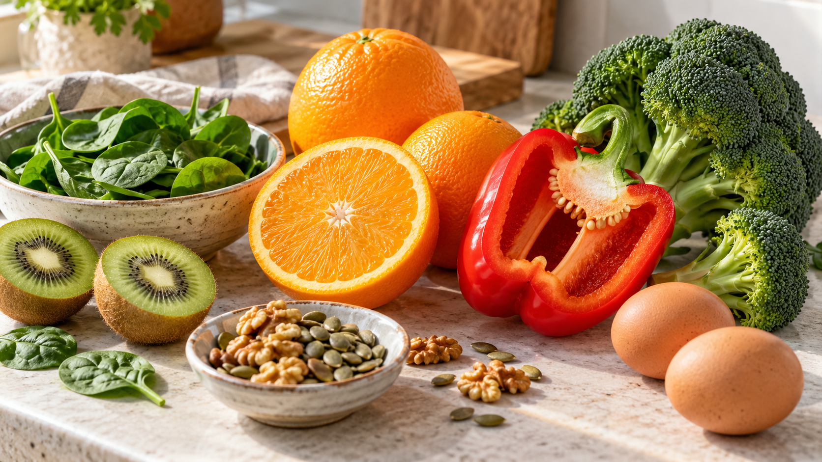 Vitaminreiche Lebensmittel für das Immunsystem: Orangen, Kiwi, Paprika, Brokkoli, Spinat, Nüsse und Eier als Quellen für Vitamine und Mineralstoffe