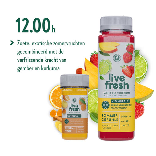 LiveFresh sap en shot met mango, aardbei, limoen, sinaasappel, gember en kurkuma voor energieboost om 12:00u