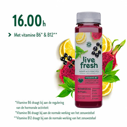 LiveFresh kombuchadrank met drakenfruit, citroen en bessen, met vitamine B6 en B12, die bijdragen aan de normale regulering van de hormonale activiteit en de normale werking van het zenuwstelsel.