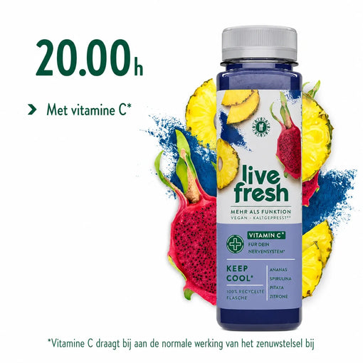 LiveFresh “Keep Cool”-sap met ananas, spirulina, pitaya en citroen, tegen een achtergrond van gesneden ananas, roze drakenfruit en spirulinapoeder. Het aanbevolen tijdstip om dit sap tijdens de sapkuur te drinken, is 20.00 uur. Ook wordt vermeld dat het sap vitamine C bevat ter ondersteuning van het zenuwstelsel.