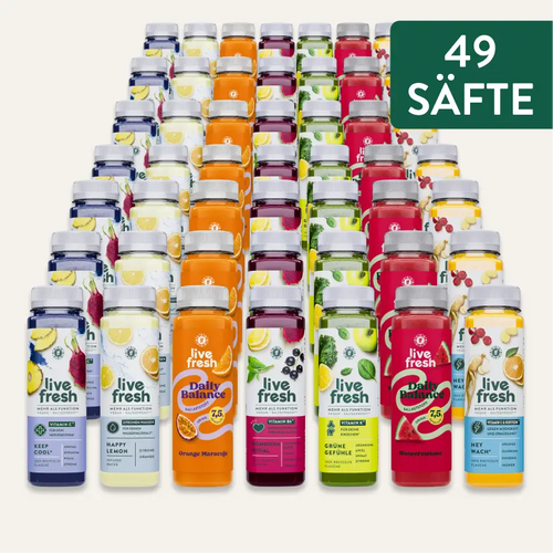 Neunundvierzig LiveFresh Säfte als umfangreiches Sortiment in mehreren Geschmacksrichtungen. Hinweis im Bild: „49 SÄFTE“.