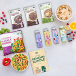 Live Fresh Weight loss bundle with porridge pouches, Skyr drinks and juice bottles, vegan Tikka Masala, fruit, muesli bowl and “4 Days Weight loss bundle” guide.