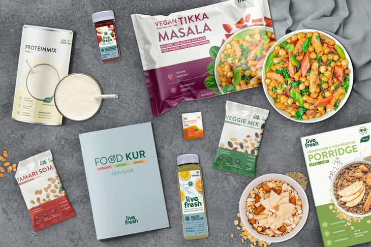 Auswahl von Produkten aus der „Live Fresh 7 Tage Food Kur“. Zu sehen sind ein „Vegan Tikka Masala“-Gericht, ein „Proteinmix“, „Veggie Mix“ und „Tamari Soja“-Snacks. Ebenfalls abgebildet sind eine Packung „Lower Carb & High Protein Porridge“ in der Geschmacksrichtung Apfel-Zimt sowie Getränke wie der „Happy Lemon Saft“ und ein Beeren-Shot. In der Mitte befindet sich ein „Food Kur“-Guide, der als Begleitung während der Kur dient.