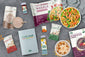Auswahl von Produkten aus der „Live Fresh 7 Tage Food Kur“. Zu sehen sind ein „Vegan Tikka Masala“-Gericht, ein „Proteinmix“, „Veggie Mix“ und „Tamari Soja“-Snacks. Ebenfalls abgebildet sind eine Packung „Lower Carb & High Protein Porridge“ in der Geschmacksrichtung Apfel-Zimt sowie Getränke wie der „Happy Lemon Saft“ und ein Beeren-Shot. In der Mitte befindet sich ein „Food Kur“-Guide, der als Begleitung während der Kur dient.