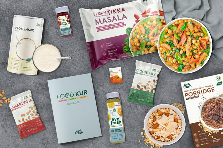 Auswahl von Produkten aus der „Live Fresh 7 Tage Food Kur“. Zu sehen sind ein „Vegan Tikka Masala“-Gericht, ein „Proteinmix“, „Veggie Mix“ und „Tamari Soja“-Snacks. Ebenfalls abgebildet sind eine Packung „Lower Carb & High Protein Porridge“ in der Geschmacksrichtung Apfel-Zimt sowie Getränke wie der „Happy Lemon Saft“ und ein Beeren-Shot. In der Mitte befindet sich ein „Food Kur“-Guide, der als Begleitung während der Kur dient.