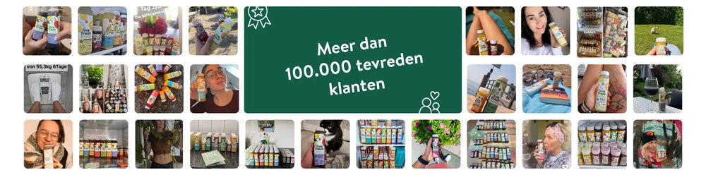 Collage van klantfoto’s met LiveFresh sapflesjes in diverse alledaagse situaties, met centraal een banner met de tekst “Meeer dan 100.000 tevreden klanten”.
