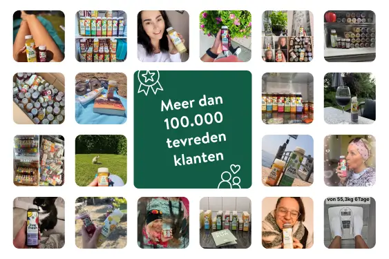 Collage van klantfoto’s met LiveFresh sapflesjes in diverse alledaagse situaties, met centraal een banner met de tekst “Meeer dan 100.000 tevreden klanten”.