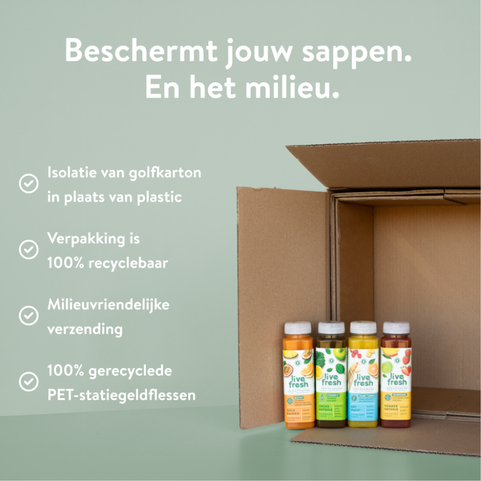 Open kartonnen verzenddoos met vier LiveFresh sappen, getoond als duurzame verpakking met recyclebaar karton en milieuvriendelijke verzending.