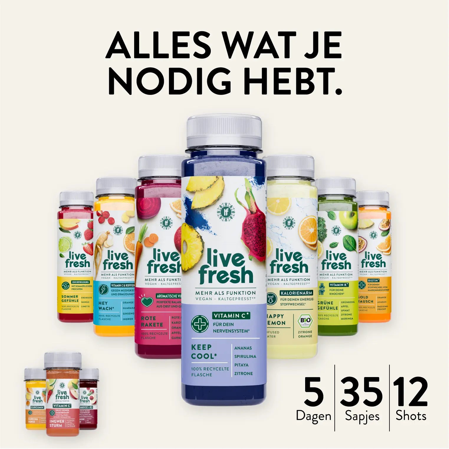 Verschillende sapflessen van LiveFresh, waaronder „Keep Cool“ in het midden. Tekst vermeldt: Alles wat je nodig hebt, 5 Dagen, 35 Sapjes, 12 Shots.