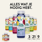 Zelfde sapassortiment van LiveFresh, deze keer met aanduiding: 3 Dagen, 21 Sapjes, 9 Shots. De fles „Keep Cool“ staat centraal.