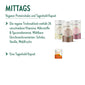 Infografik zur Mittagsmahlzeit mit veganem Proteinshake und Tagesheld Kapsel. Abgebildet sind drei Proteinmix-Dosen in den Sorten Vanille, Schoko und Waldfrucht sowie eine Tagesheld-Vitaminkapselpackung.