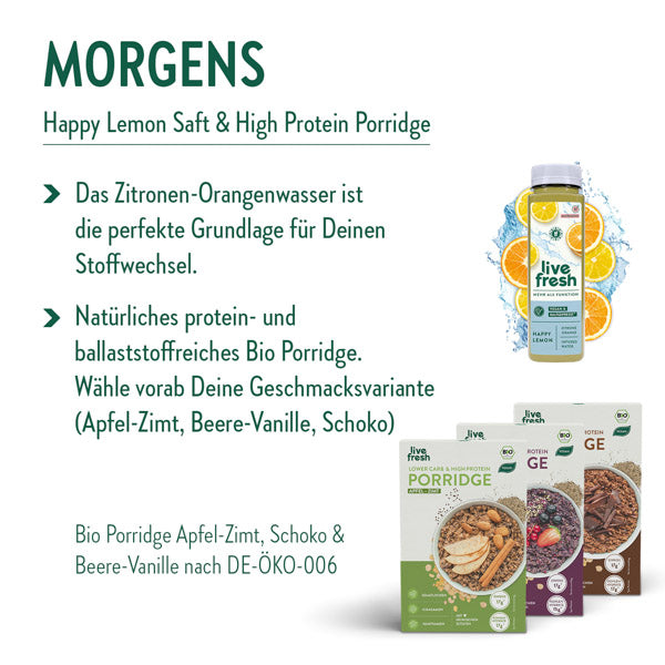 Empfehlung für ein Frühstück im Rahmen einer gesunden Ernährung. Vorgeschlagen wird ein „Happy Lemon Saft & High Protein Porridge“. Der Text hebt hervor, dass das Zitronen-Orangenwasser eine ideale Grundlage für den Stoffwechsel ist. Zudem wird ein natürliches, protein- und ballaststoffreiches Bio-Porridge empfohlen, mit den Geschmacksrichtungen Apfel-Zimt, Beere-Vanille und Schoko.