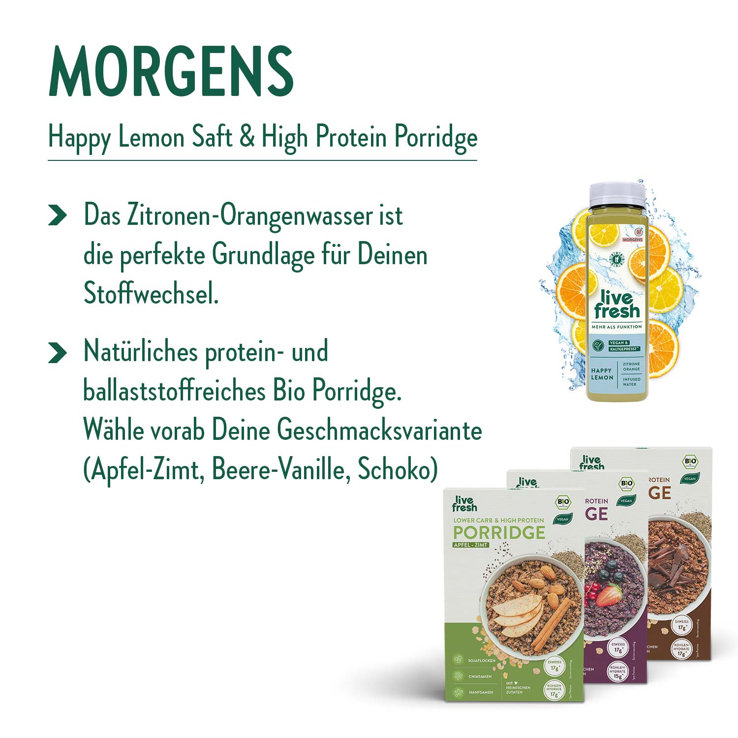 Empfehlung für ein Frühstück im Rahmen einer gesunden Ernährung. Vorgeschlagen wird ein „Happy Lemon Saft & High Protein Porridge“. Der Text hebt hervor, dass das Zitronen-Orangenwasser eine ideale Grundlage für den Stoffwechsel ist. Zudem wird ein natürliches, protein- und ballaststoffreiches Bio-Porridge empfohlen, mit den Geschmacksrichtungen Apfel-Zimt, Beere-Vanille und Schoko. Im Bild sind eine Flasche Zitronenwasser und drei Porridge-Packungen abgebildet.