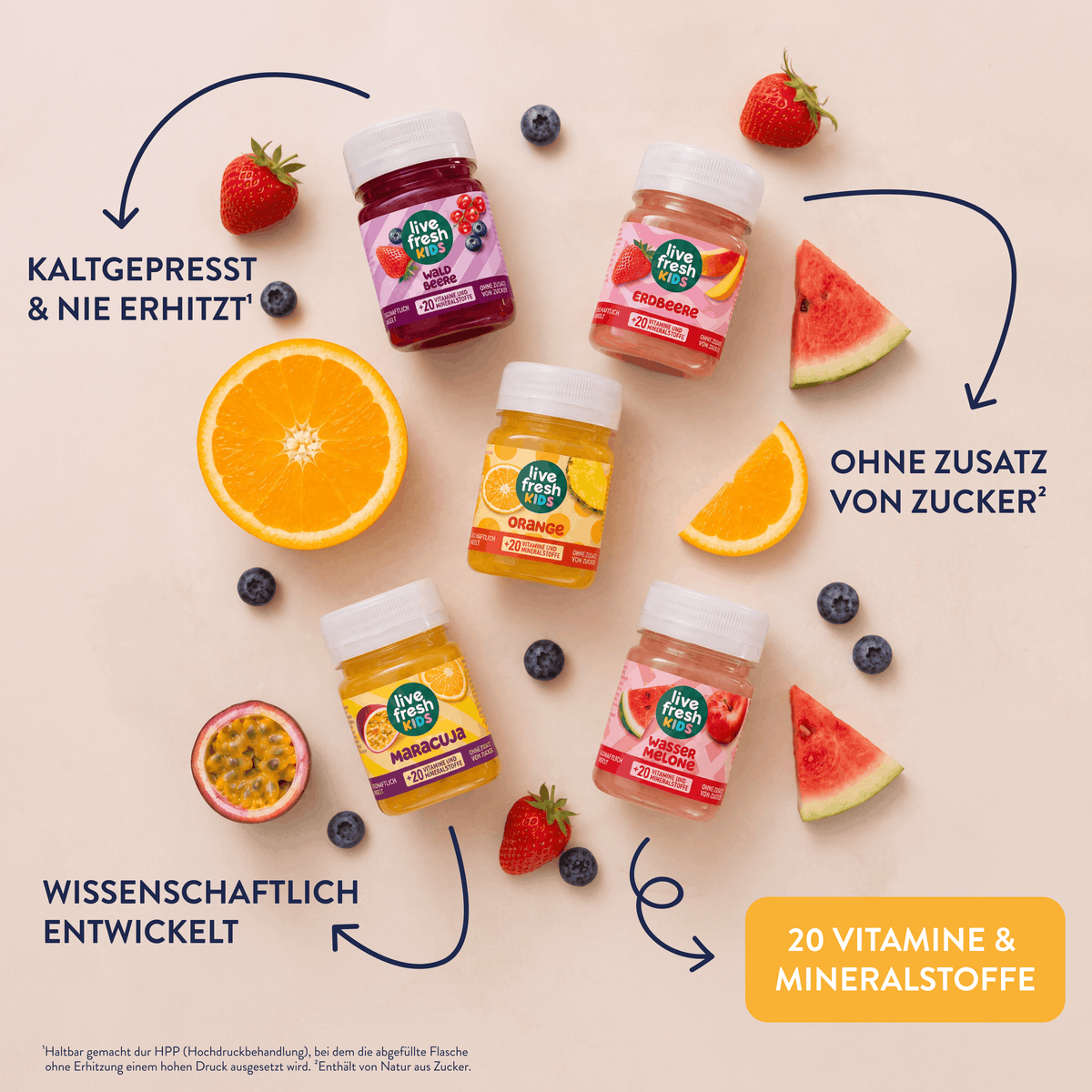 Five varieties of liveFresh Kids in the following flavors: wild berry, strawberry, orange, passion fruit, and watermelon. The bottles are displayed alongside fresh fruit and are promoted with the following claims: "COLD-PRESSED & NEVER HEATED. NO ADDED SUGAR. SCIENTIFICALLY FORMULATED. 20 VITAMINS & MINERALS."