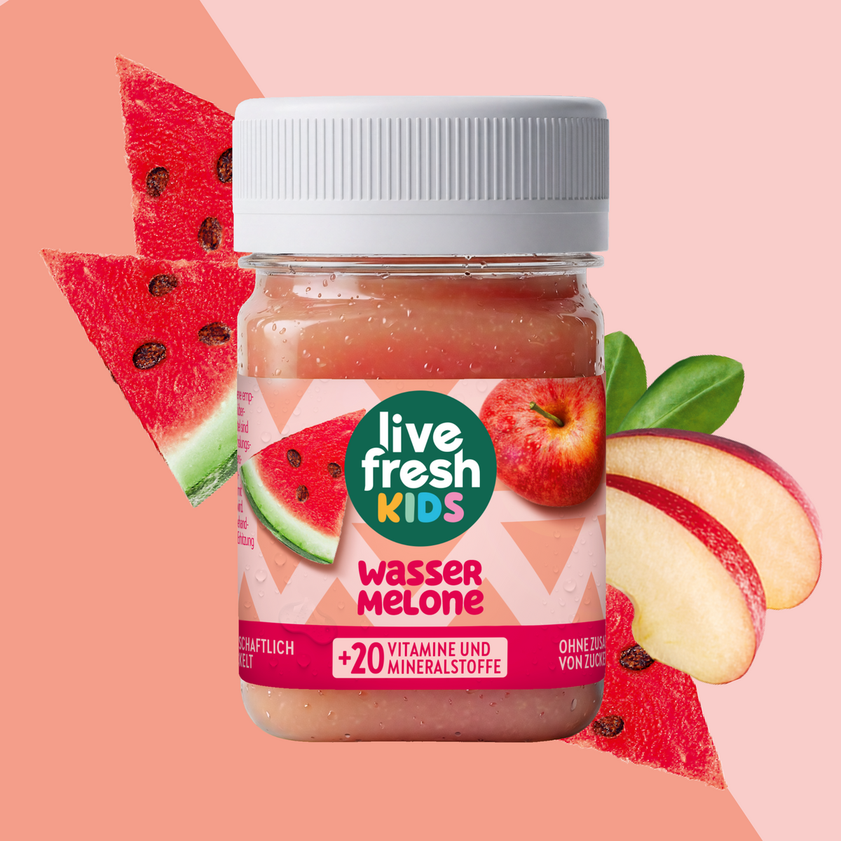 LiveFresh Kids' watermelon in a glass against a pink background, with watermelon chunks and apple slices. The label reads “live fresh KIDS,” “WATERMELON,” and “+20 VITAMINS AND MINERALS.”