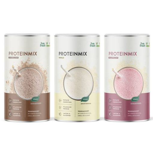 Drei Dosen „Live Fresh Proteinmix“ in den Geschmacksrichtungen Schokolade, Vanille und Wildbeere. Jede Dose ist als vegane Trinkmahlzeit ausgewiesen und enthält pflanzliche Proteine aus Soja, Erbsen, Reis und Hanf. Die Produkte sind laktose- und glutenfrei und einfach zuzubereiten. Jede Verpackung zeigt ein Glas cremigen Proteinshakes passend zur jeweiligen Geschmacksrichtung.