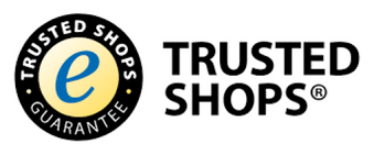  Trusted Shops Logo mit rundem Siegel in Schwarz und Gold, einem blauen „e“ in der Mitte und dem Schriftzug „TRUSTED SHOPS GUARANTEE“ daneben in schwarzer, fettgedruckter Schrift.