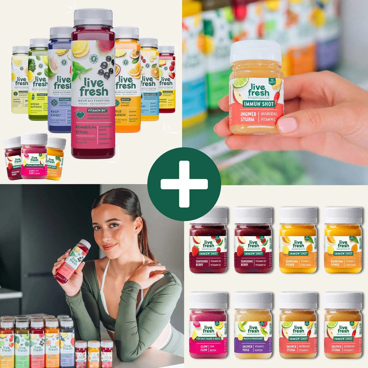 Saftkur Immun Shot Bundle von LiveFresh mit verschiedenen bunten Immun Shots und funktionalen Säften. Zu sehen sind mehrere Sorten in Flaschen und kleinen Shot Fläschchen sowie eine Frau mit einem LiveFresh Drink.