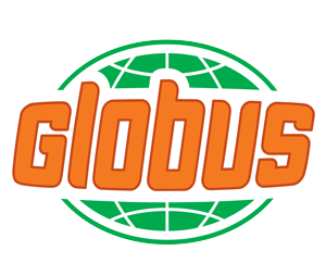 Das Logo von Globus, einer deutschen Einzelhandelskette. Das Logo besteht aus dem orangefarbenen Schriftzug „Globus“, der vor einem grünen Globus-Symbol platziert ist.