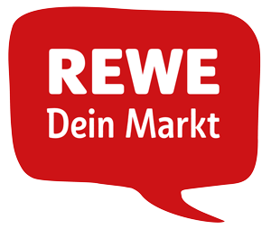 Das Logo von REWE, einem deutschen Supermarkt. Das Logo besteht aus einem roten Sprechblasen-Design mit dem weißen Text „REWE Dein Markt“.