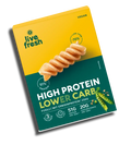 Verpackung von LiveFresh High Protein Lower Carb Fusilli aus Erbsenprotein mit 51 Prozent Protein und 70 Prozent weniger Kohlenhydraten. Vegane Pasta mit 250 Gramm Inhalt auf gelb grünem Design.