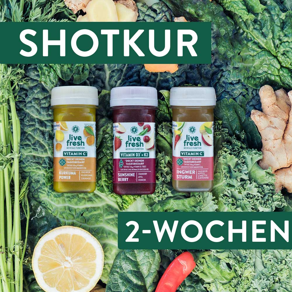 Drei „Live Fresh“ Shots, die im Rahmen einer 2-Wochen Shotkur präsentiert werden. Die Shots umfassen den Kurkuma Shot mit Vitamin C, den Vitamin D Shot „Sunshine Berry“ zur Deckung des täglichen Vitamin D-Bedarfs, und den Immun Shot „Ingwer Sturm“ mit Vitamin C. Die Flaschen sind auf einem Hintergrund aus frischem Gemüse und Zutaten wie Grünkohl, Ingwer und Zitrone platziert, was die gesunde, natürliche Basis der Shots betont.