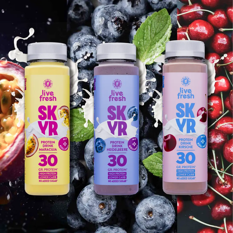 Vier Sorten: Zitrone, Kirsche, Maracuja und Heidelbeere.