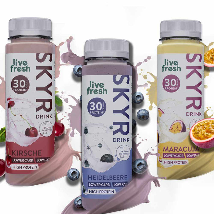 Drei Live Fresh Skyr Drinks in den Sorten Kirsche, Heidelbeere und Maracuja. Jeder Drink enthält 30g Protein, ist fettarm und kohlenhydratarm.