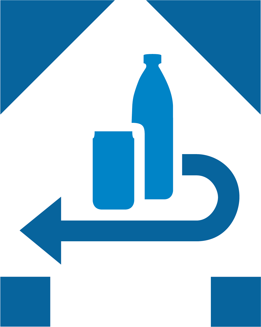 Blau-weißes Pfandlogo mit einer Flasche und Dose, die von einem gebogenen Pfeil umgeben sind. Das Symbol steht für das deutsche Einwegpfandsystem.