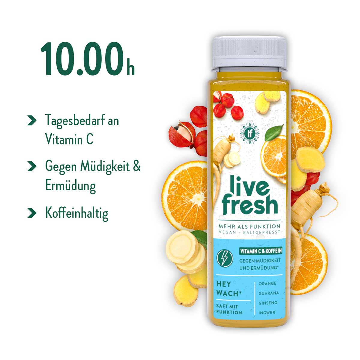 Eine 10:00 Uhr Empfehlung mit dem „Hey Wach“-Saft von Live Fresh. Der Saft deckt den Tagesbedarf an Vitamin C, hilft gegen Müdigkeit und Erschöpfung und ist koffeinhaltig. Die Zutaten, wie Orange, Guarana, Ginseng und Ingwer, unterstützen die Energie und Wachheit im Alltag. Der Saft wird mit frischen Orangenscheiben und Ingwer visualisiert, um die natürlichen Inhaltsstoffe zu betonen.