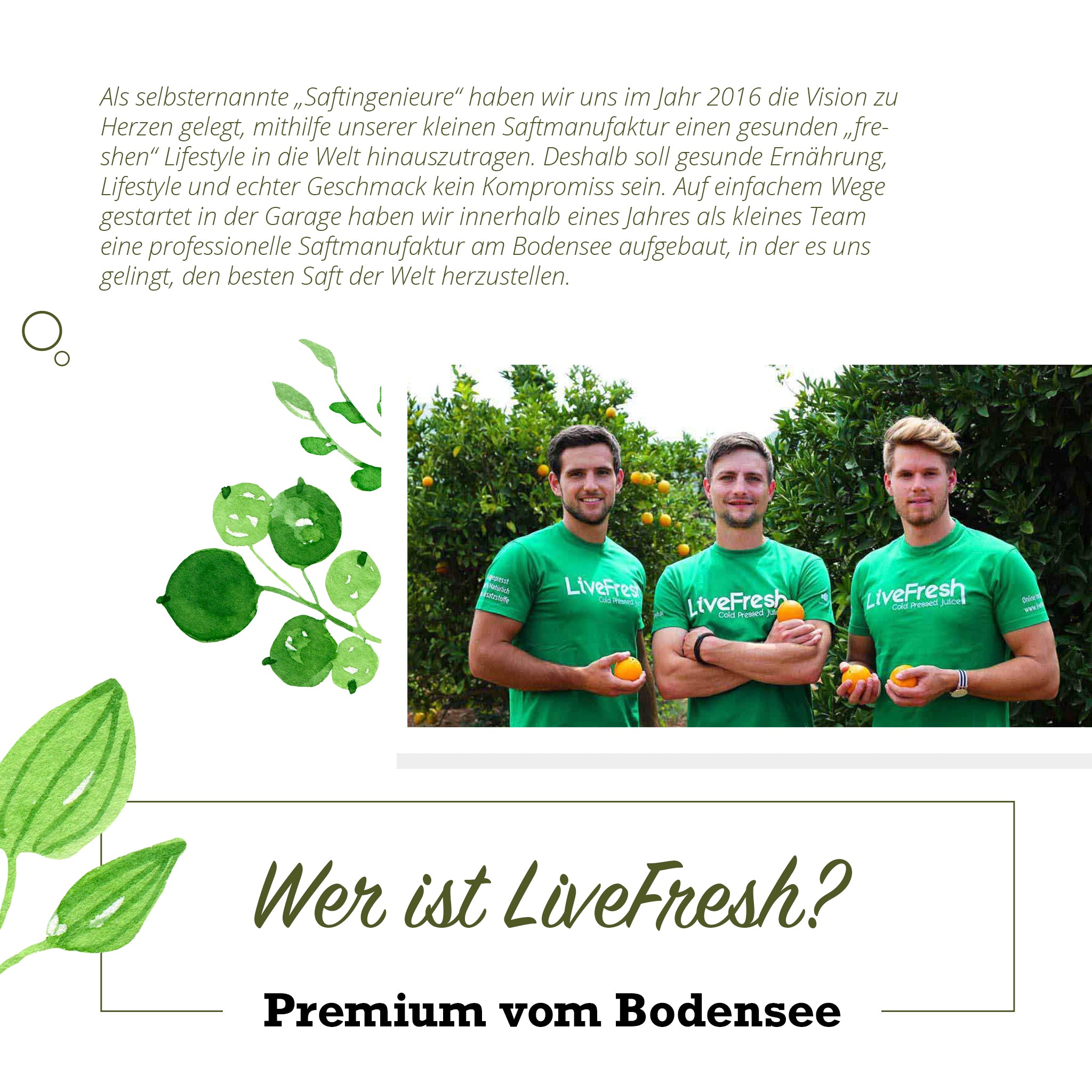 Drei Männer in "Live Fresh"-T-Shirts, die jeweils eine Orange in der Hand halten. Sie stehen vor einem Orangenbaum und lächeln in die Kamera. Der Text darüber beschreibt ihre Mission, einen gesunden "freshen" Lifestyle zu fördern, indem sie mit ihrer Saftmanufaktur den besten Saft der Welt herstellen wollen. Der Text unten stellt die Frage "Wer ist LiveFresh?" und gibt an, dass es sich um eine Premium-Marke vom Bodensee handelt.