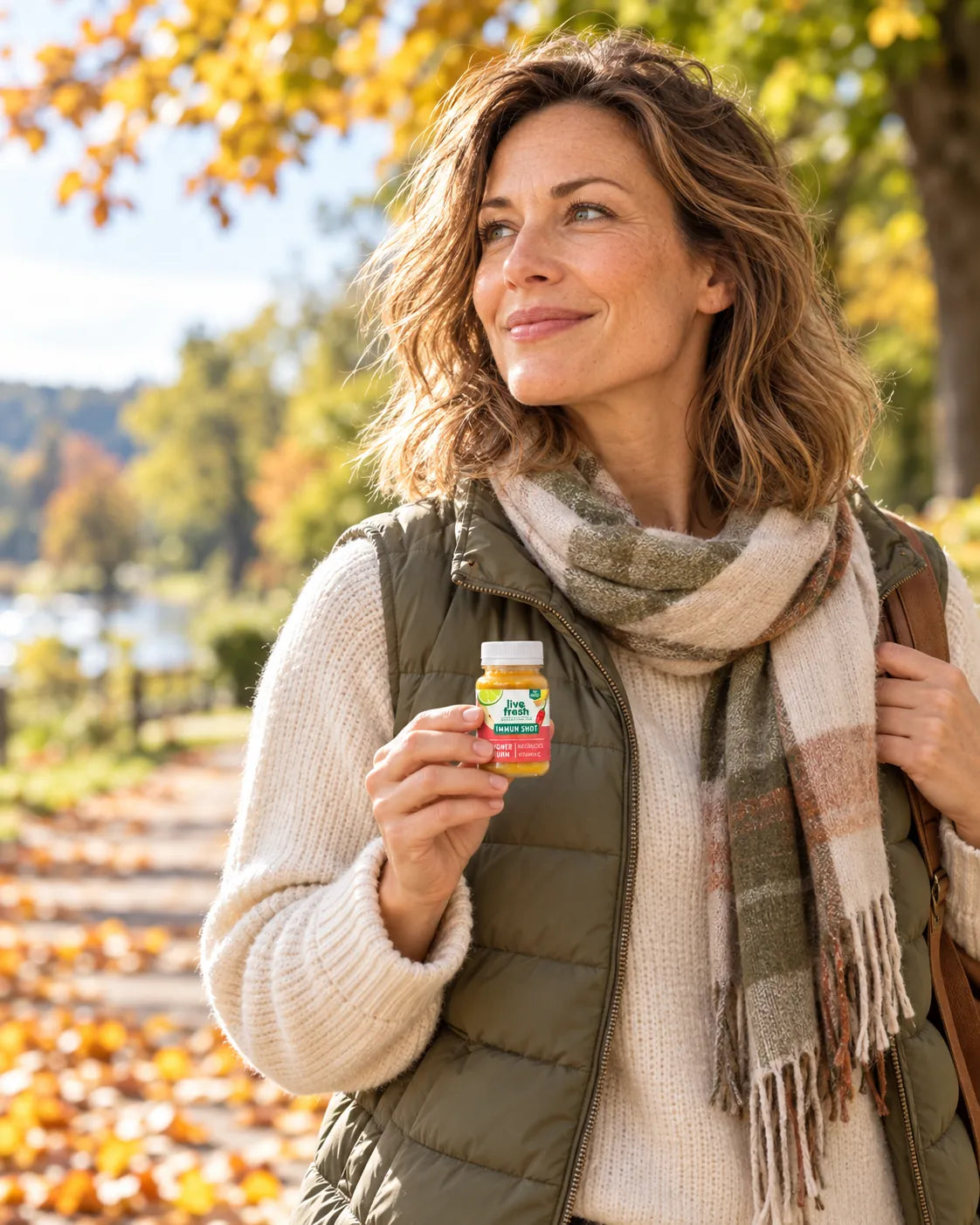Frau mit Schal und Weste im herbstlichen Park, in der Hand ein Ingwer Sturm Immun Shot von LiveFresh