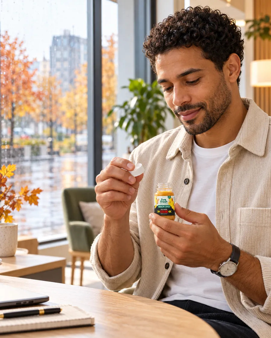 Mann im hellen Büro öffnet einen Immun Shot, draußen herbstliche Bäume