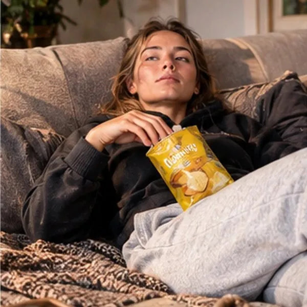 Frau liegt abends mit Chipstüte auf dem Sofa